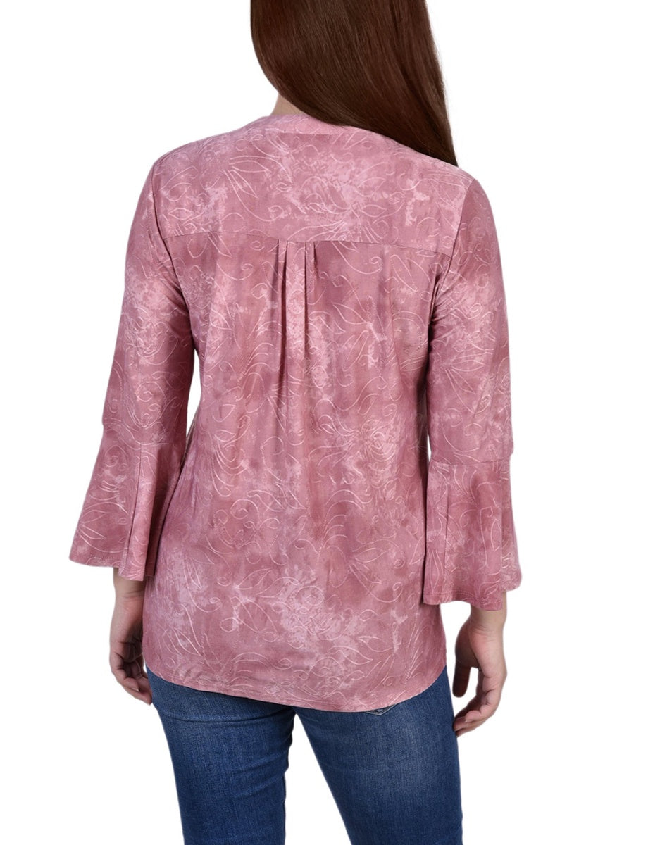  NY Collection 3/4 Bell Sleeve Pleat Front Y Neck Top - Mauve Tie Dye - Bonton