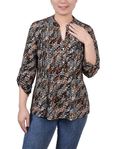 3/4 Roll Tab Sleeve Y Neck Top