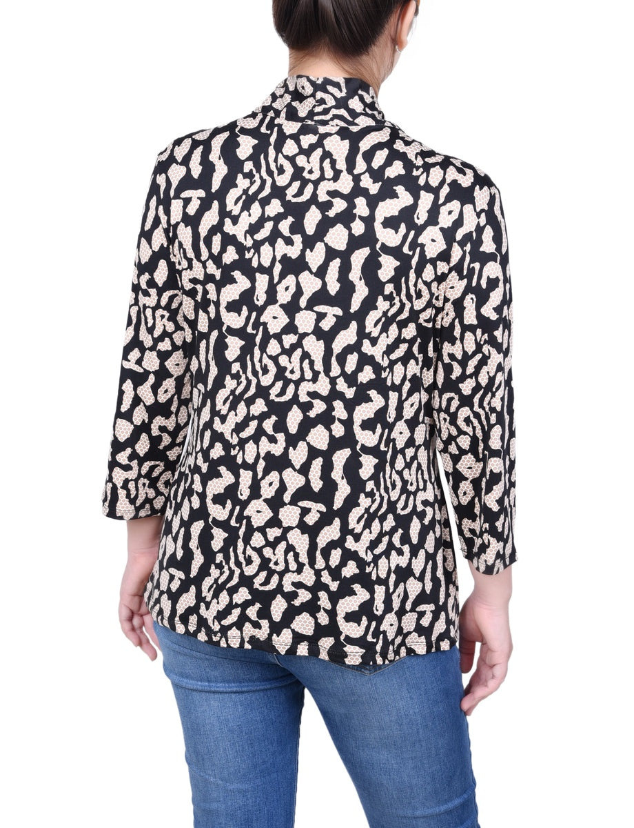  NY Collection Petite Puff Print 3/4 Sleeve Two-Fer Top - Jester Red Ivory Geo - Bonton