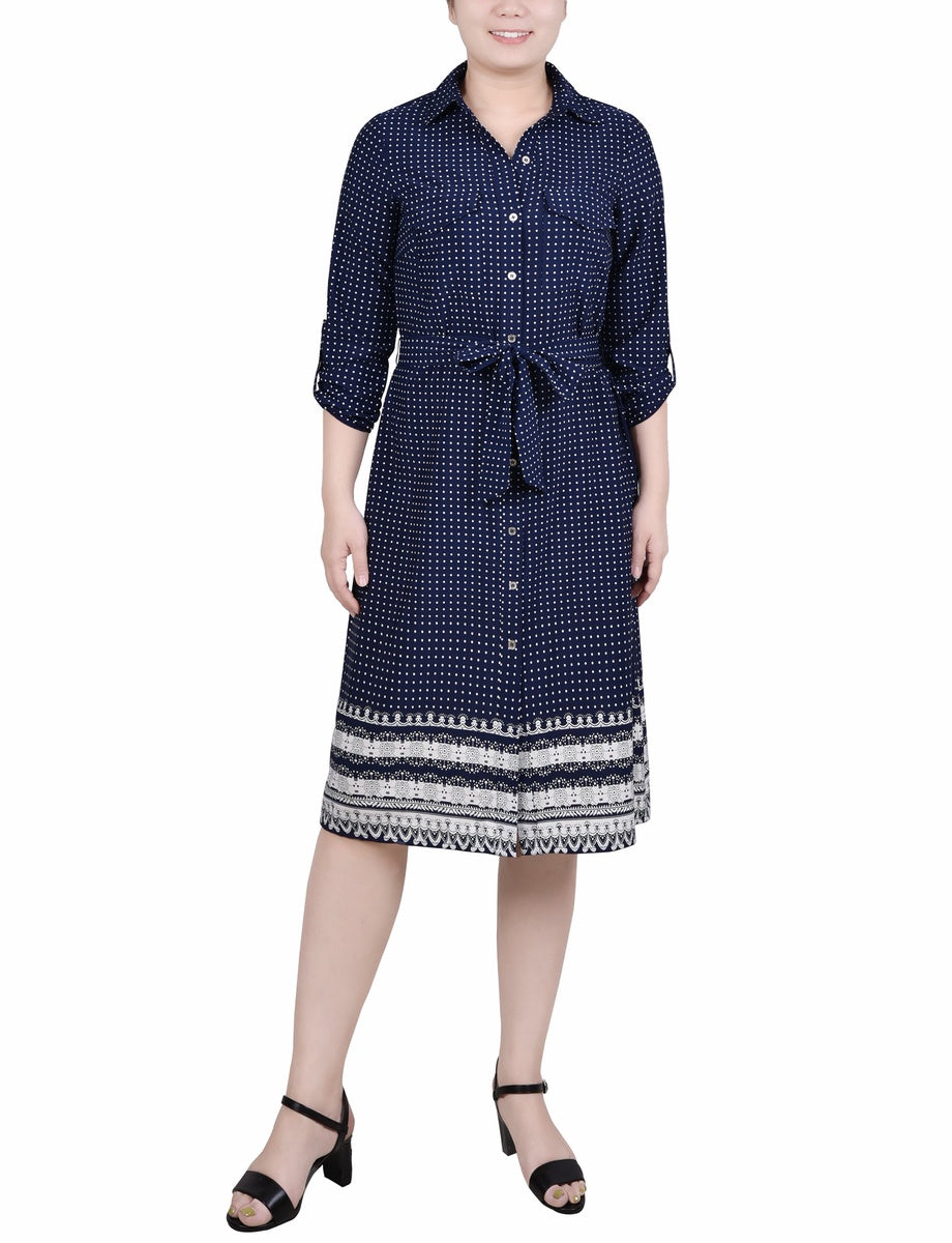  NY Collection 3/4 Roll Tab Sleeve Belted Shirtdress - Black Border - Bonton