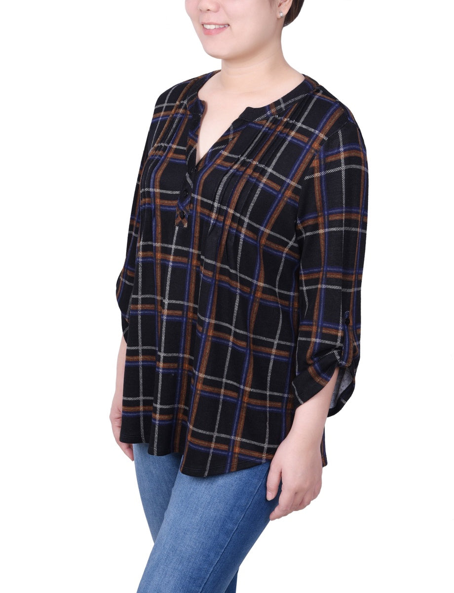  NY Collection Petite 3/4 Roll Sleeve Top - Red Black Abstract - Bonton