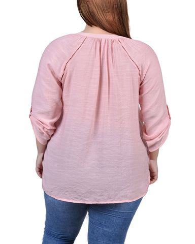 Plus Size Raglan Sleeve Split Neck Blouse