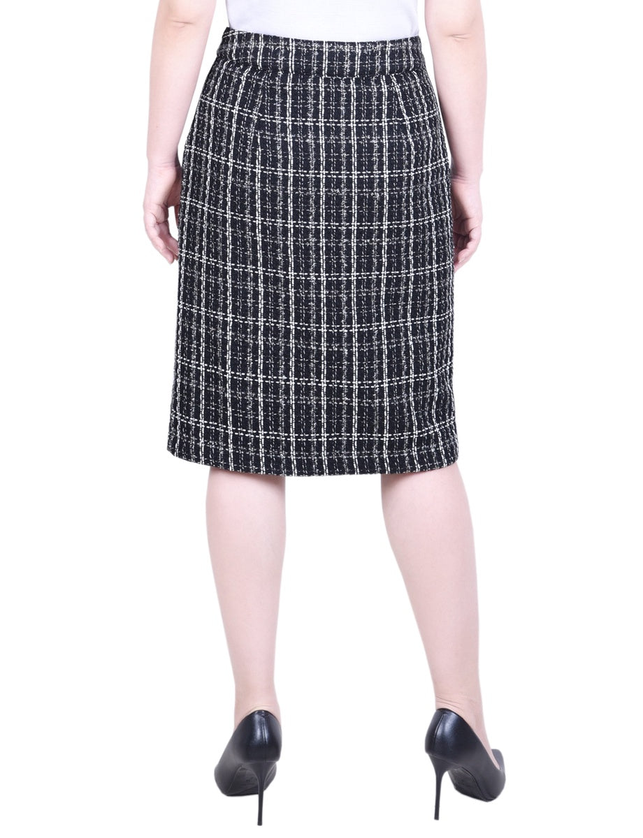  NY Collection Petite Knee Length Slim Tweed Knit Skirt - Black Ivory Plaid - Bonton