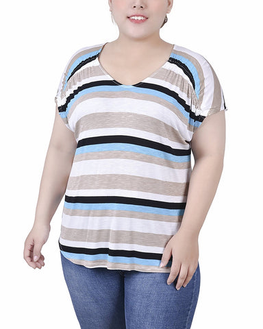 Plus Size Short Sleeve Striped v Neck Top