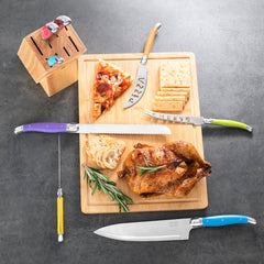 8 Piece Laguiole Kitchen Knife Set With Wood Block, Rainbow Colors