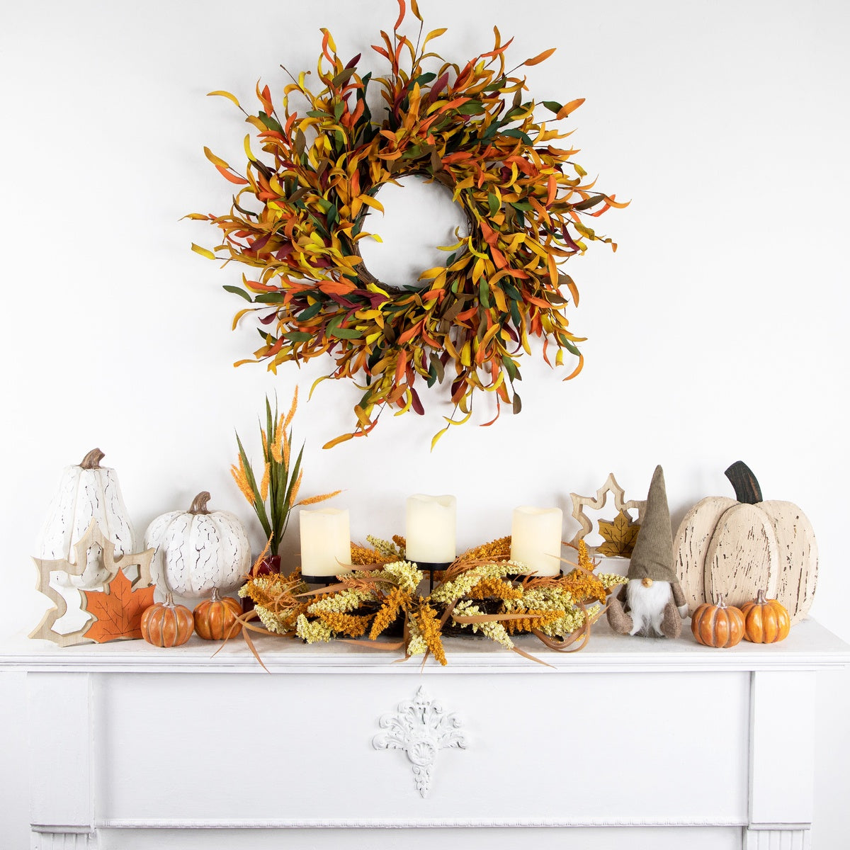  Northlight Autumn Harvest Triple Candle Holder With Artificial Fall Foliage - 22