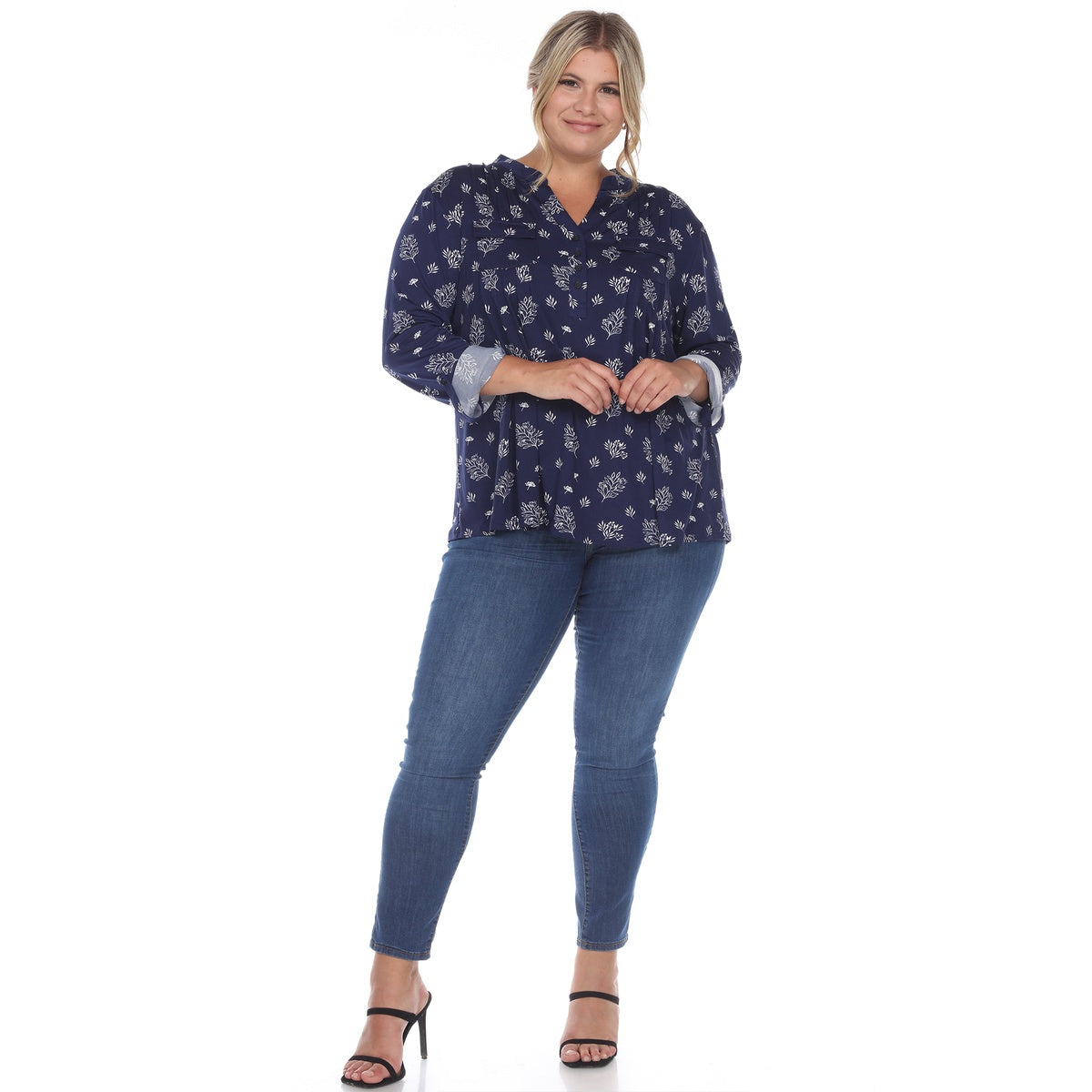  White Mark Plus Size Pleated Long Sleeve Leaf Print Blouse - 1X - Bonton