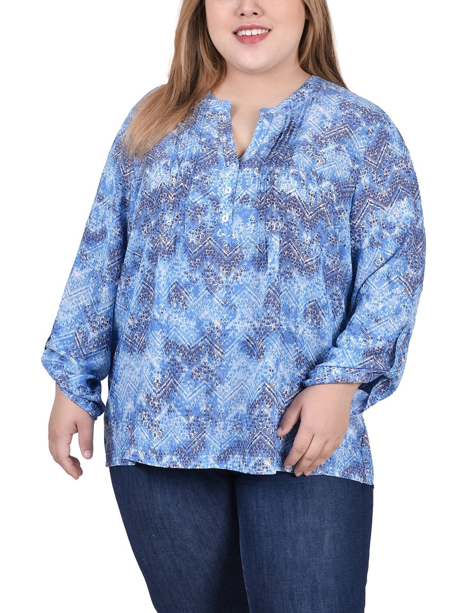  NY Collection Plus Size Long Roll Tab Sleeve Pintuck Front Blouse - Blue Chevron - Bonton