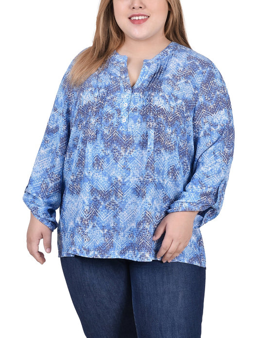 Plus Size Long Roll Tab Sleeve Pintuck Front Blouse