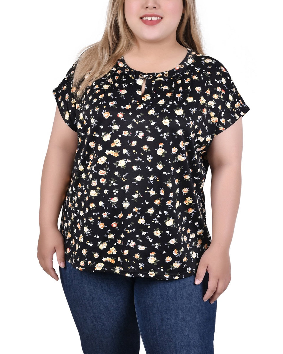  NY Collection Plus Size Extended Sleeve Top With Grommets - Black Blue Taupe Abstract - Bonton