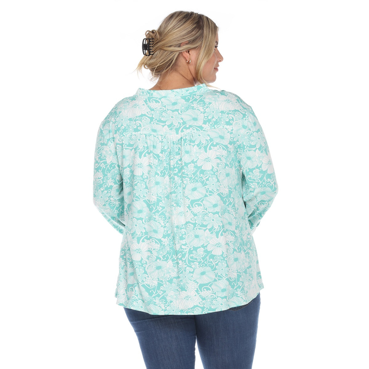  White Mark Plus Size Pleated Long Sleeve Floral Print Blouse - 1X - Bonton