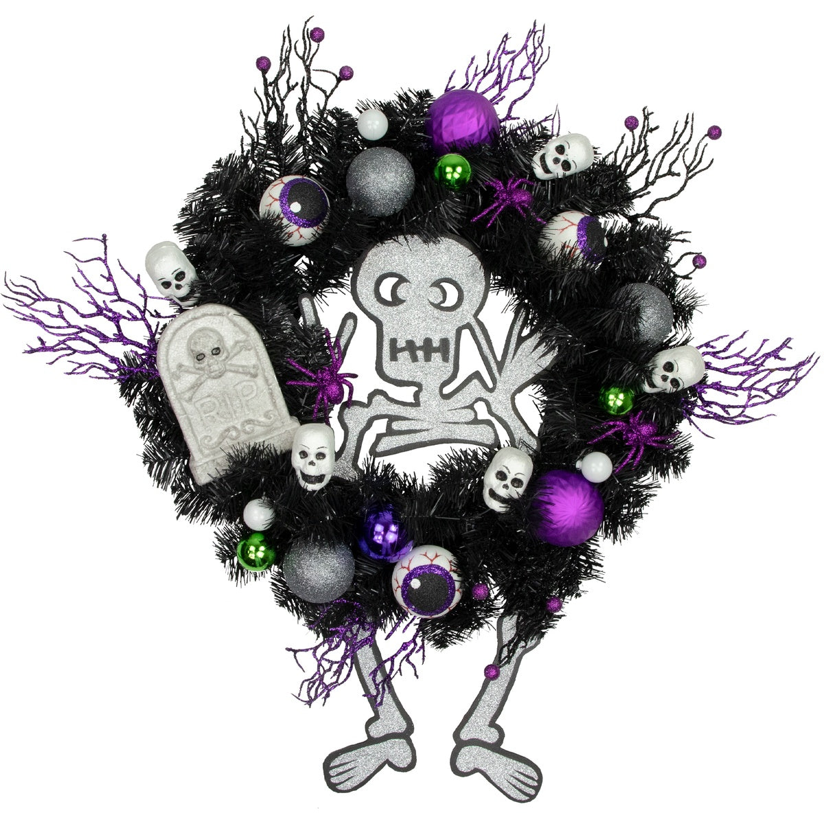  Northlight Purple and Black Spooky Skeleton Pine Halloween Wreath  24-Inch  Unlit - Default Title - Bonton