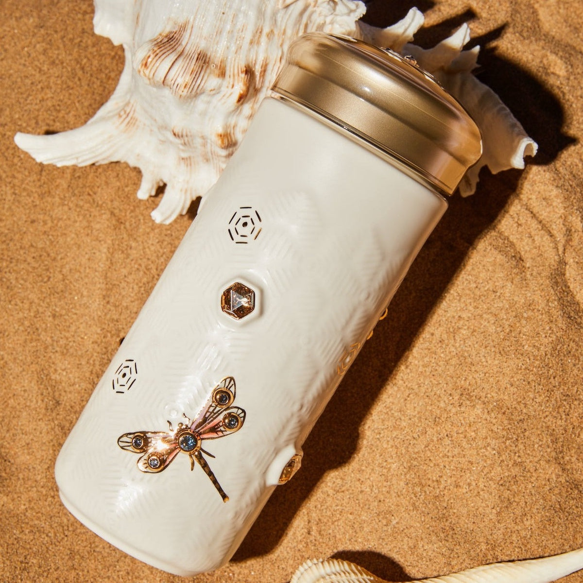  Acera Dragonfly Serenity Travel Mug With Crystals - White and Hand Painted Gold with Crystals - Bonton