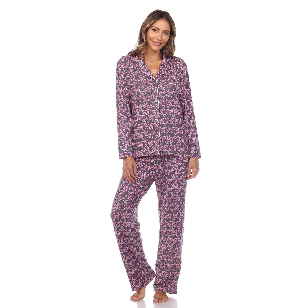  White Mark Women's Long Sleeve Heart Print Pajama Set - M - Bonton