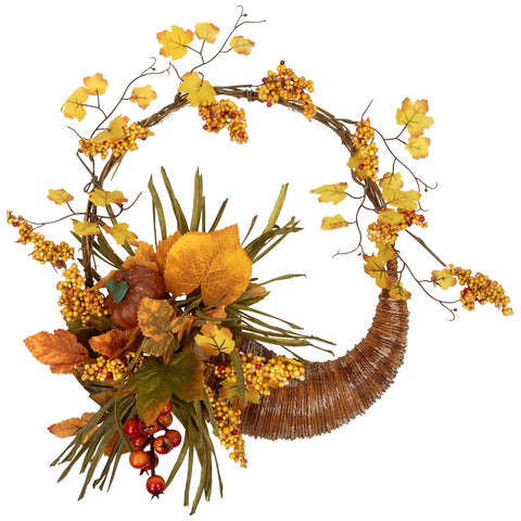 Autumn Leaves With Berries Artificial Fall Harvest Cornucopia Wreath  18-Inch  Unlit