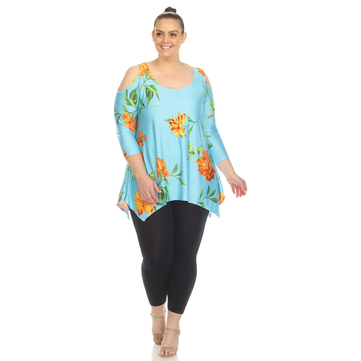  White Mark Plus Size Floral Printed Cold Shoulder Tunic - 1X - Bonton