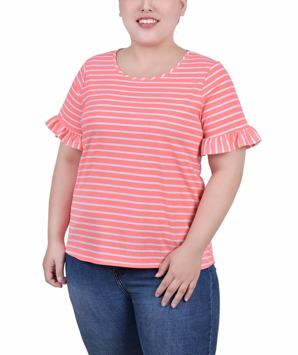  NY Collection Plus Size Short Bell Sleeve Top - Navy Double Stripe - Bonton