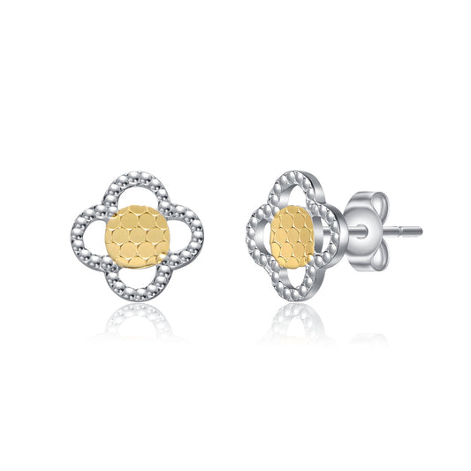 Two-Tone Milgrain Medallion Flower Stud Earrings, White Gold Plated or 14K Gold Plated