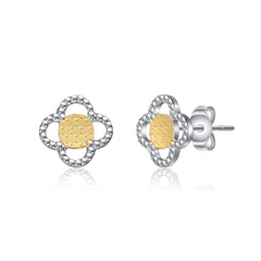 Two-Tone Milgrain Medallion Flower Stud Earrings, White Gold Plated or 14K Gold Plated