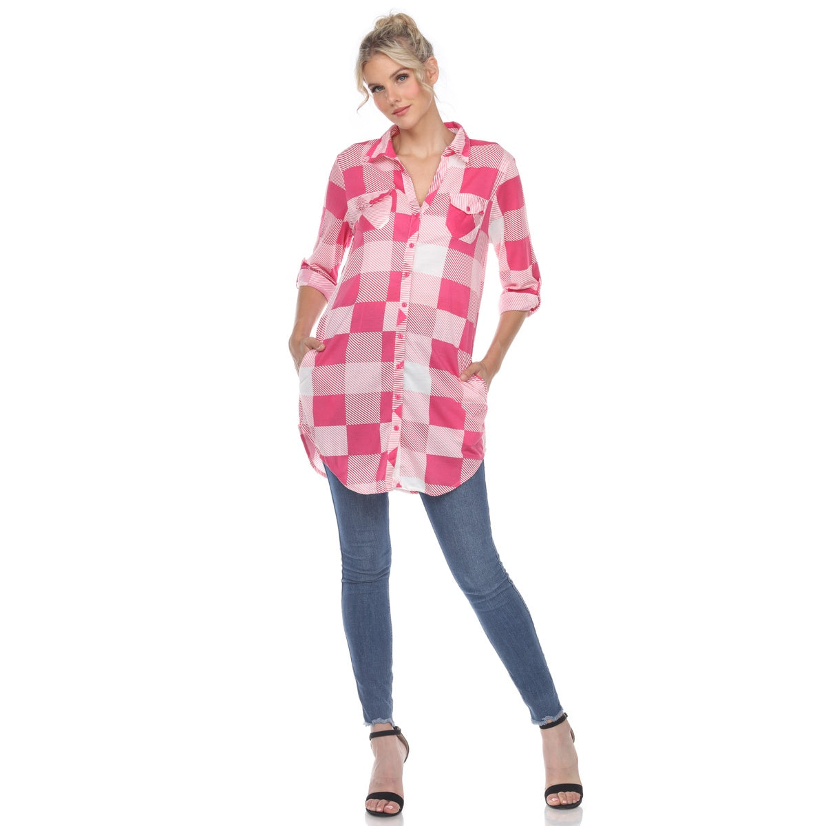  White Mark Women's Plaid Button Down Tunic Top - S - Bonton