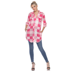 Women's Plaid Button Down Tunic Top