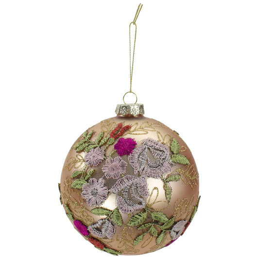 4.5" Pink Floral Applique Glass Ball Christmas Ornament