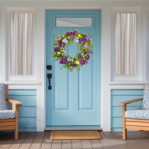 Eucalyptus and Hydrangea Floral Spring Wreath - 23" - Purple and Yellow