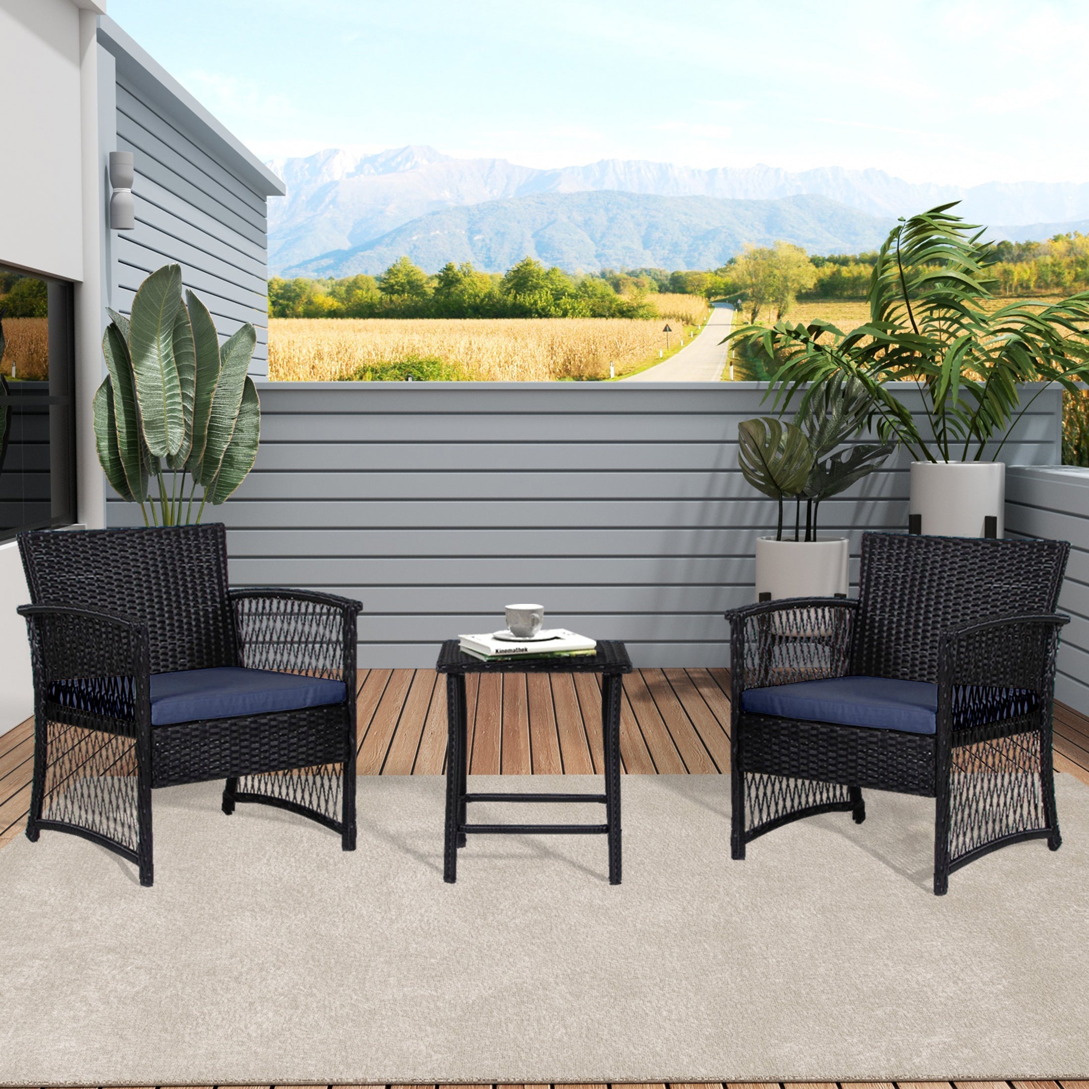  Westin Furniture 3-Piece Outdoor Patio Seating Conversation - Black/Beige - Bonton