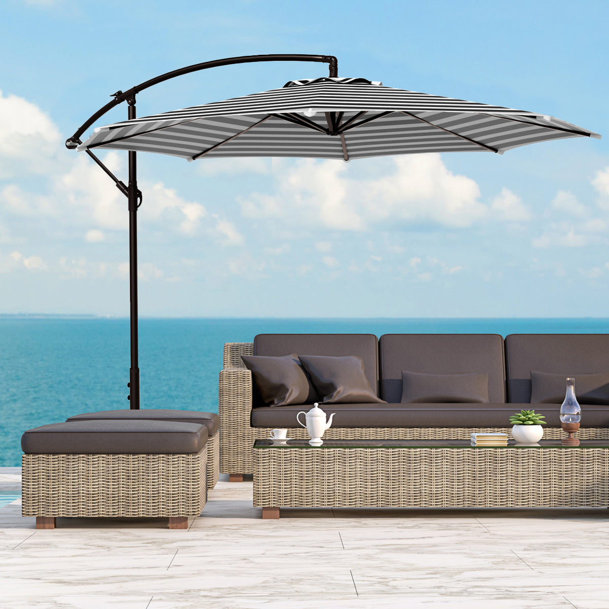  Westin Furniture 10 Ft Outdoor Patio Cantilever Offset Umbrella - Black/White Stripe - Bonton