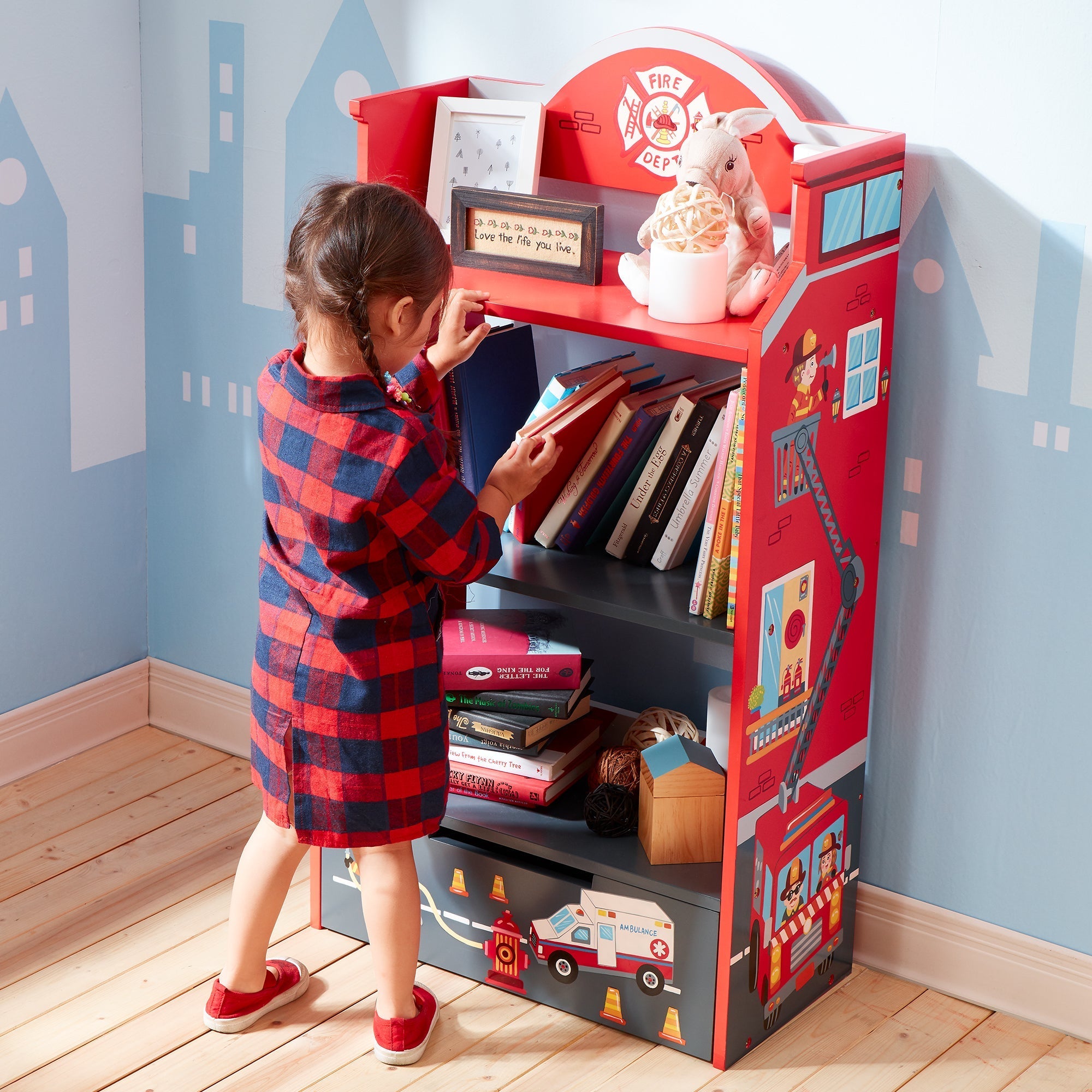  Teamson Kids Fantasy Fields - Toy Furniture -Little Fire Fighters Bookshelf - Red/Multi-color - Bonton