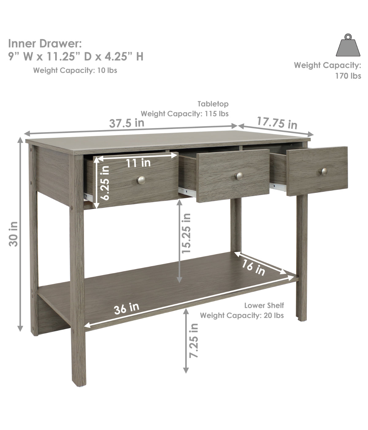  Sunnydaze Decor Entryway Console Table with 3 Drawers - Grey - Bonton