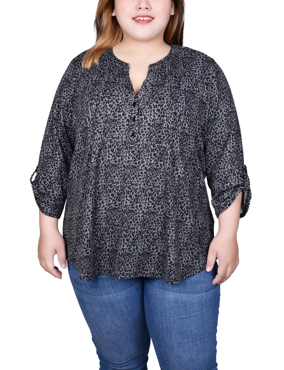  NY Collection Plus Size 3/4 Roll Sleeve Top - Black Grey Animal - Bonton