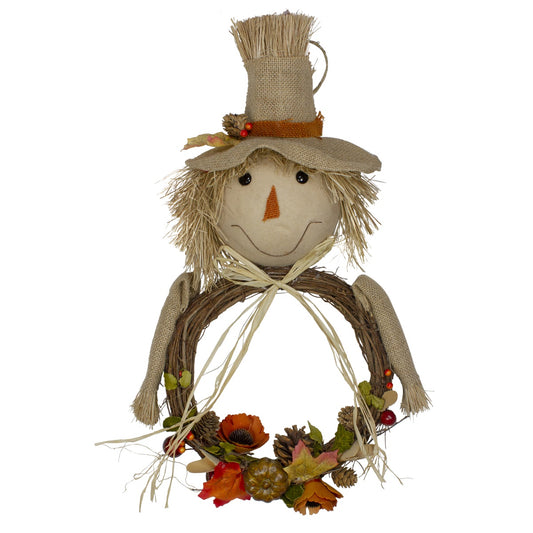 20" Tan and Orange Fall Harvest Scarecrow Wreath Wall Decor