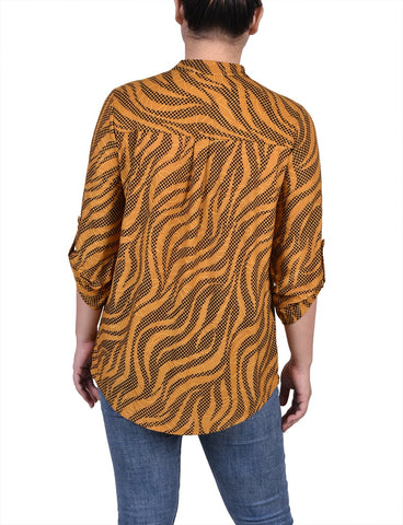 Petite 3/4 Roll Tab Sleeve Smocked-Yoke Top