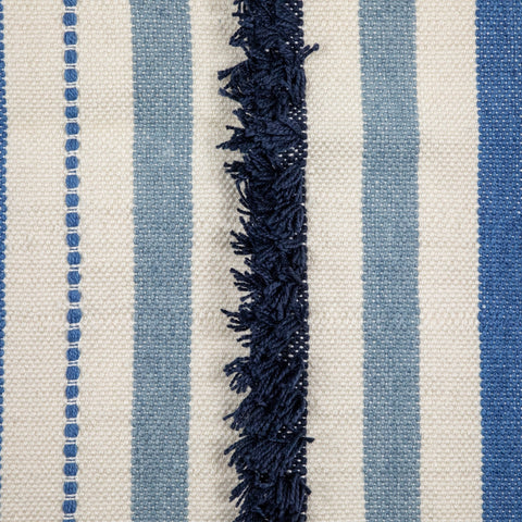 3.5' X 2.25' Blue  Cream and Black Striped Handloom Woven Outdoor Accent Throw Rug