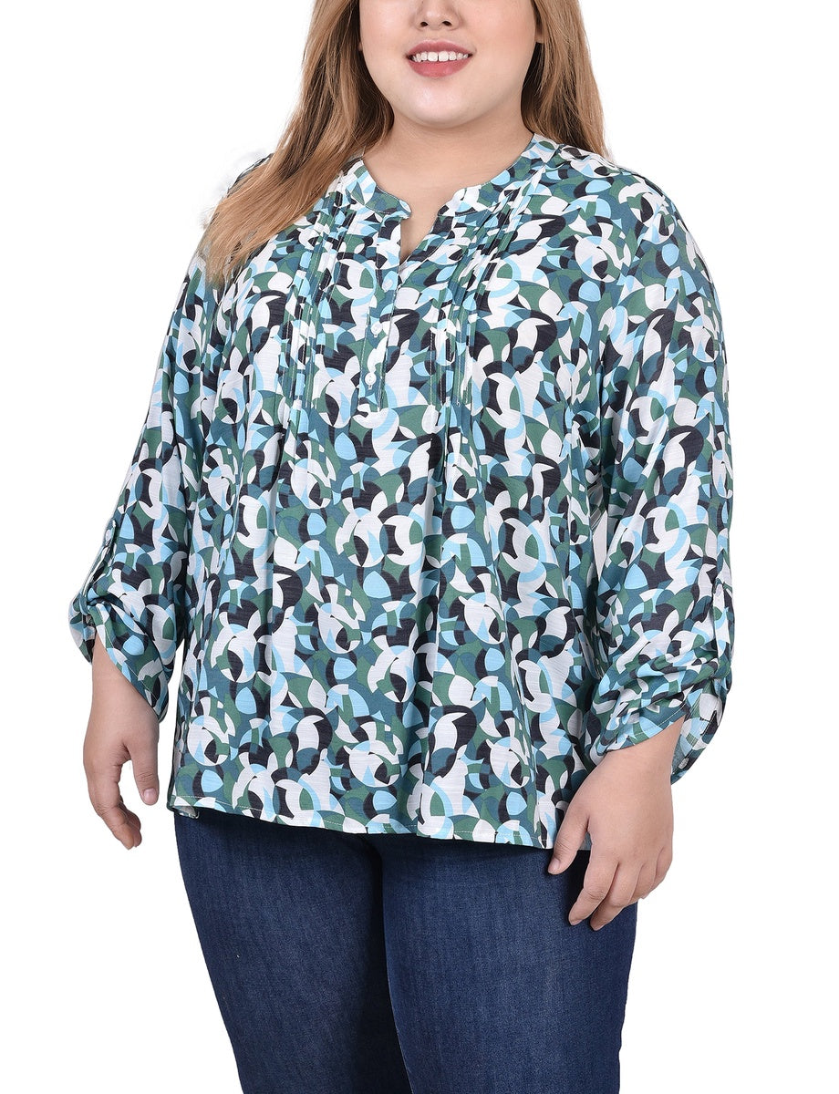  NY Collection Plus Size Long Roll Tab Sleeve Pintuck Front Blouse - Blue Chevron - Bonton