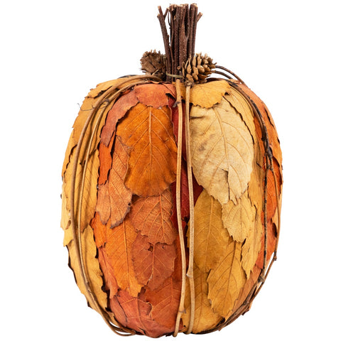 Fall Harvest Pumpkin With Layered Leaves and Pinecones - 9.75" - Orange and Brown