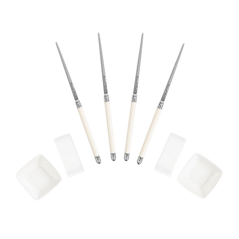 Chopsticks With Faux Ivory Handles, Ceramic Rests and Sauce Bowls, Set of 2 Pairs