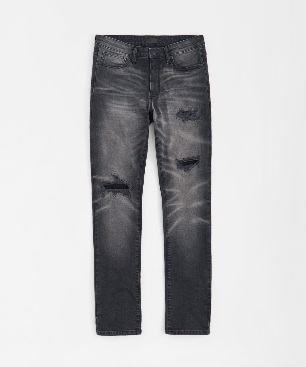  Reason Clothing Skinny Rip and Repair Denim Jeans - Black - BLACK - Bonton