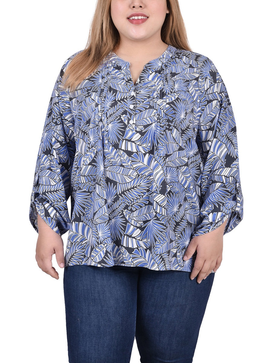  NY Collection Plus Size Long Roll Tab Sleeve Pintuck Front Blouse - Blue Chevron - Bonton