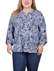 Plus Size Long Roll Tab Sleeve Pintuck Front Blouse