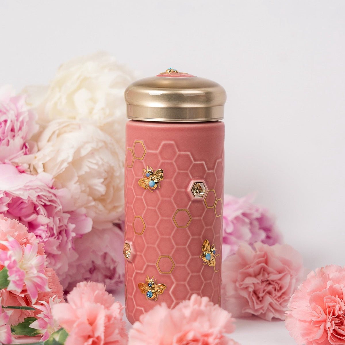  Acera Honey Bee Travel Mug With Crystals - Matte Blue and Hand Painted Gold Bees with Crystals - Bonton