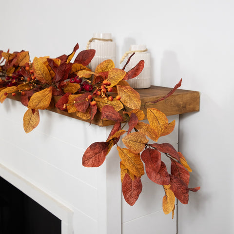 5' X 8" Berries With Orange and Red Leaves Artificial Fall Harvest Garland  Unlit