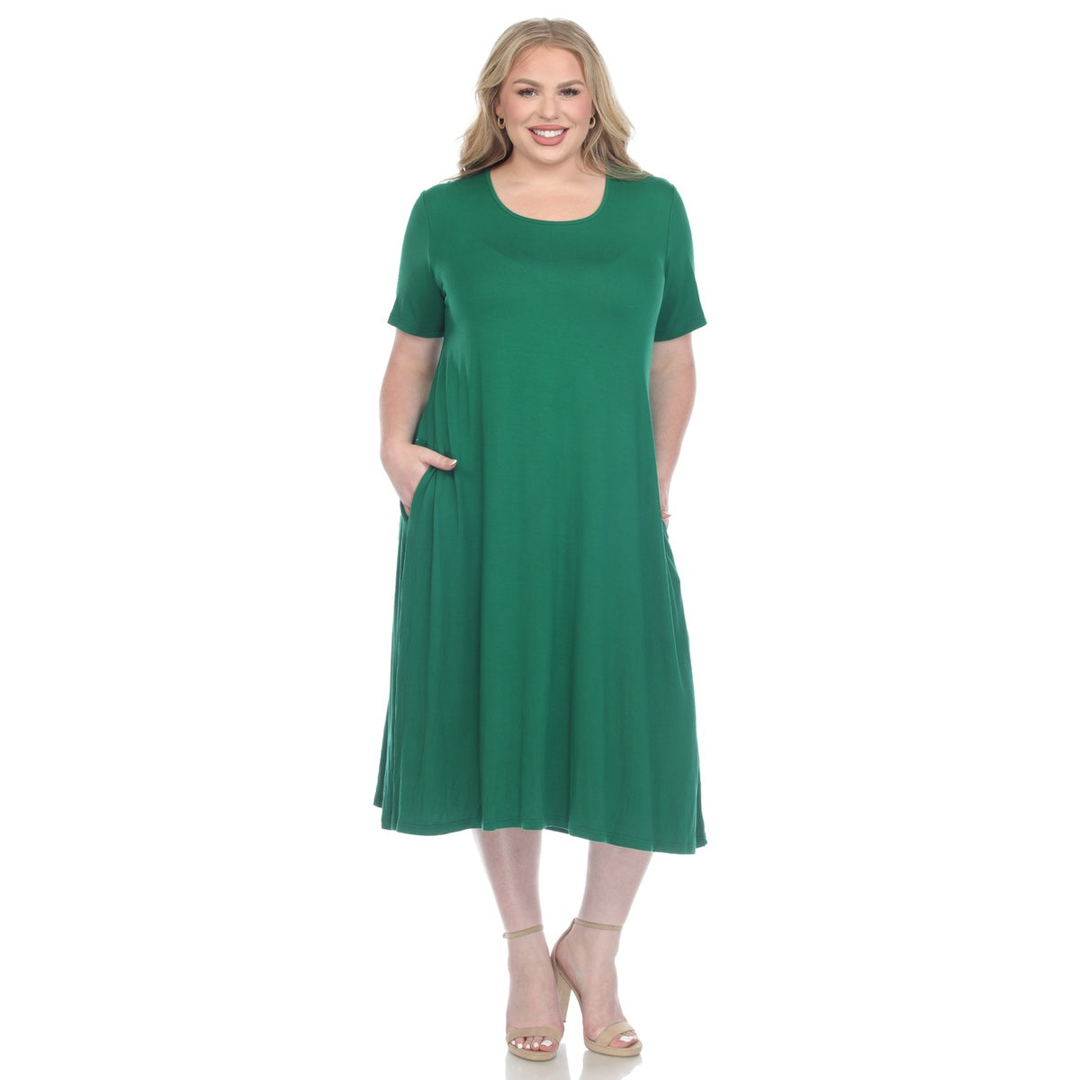  White Mark Plus Size Short Sleeve Pocket Swing Midi Dress - 3X - Bonton