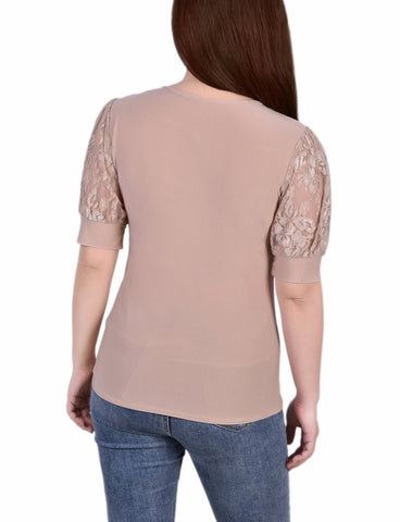 Petite Short Puff Sleeve Top With Lace Sleeves and Yoke