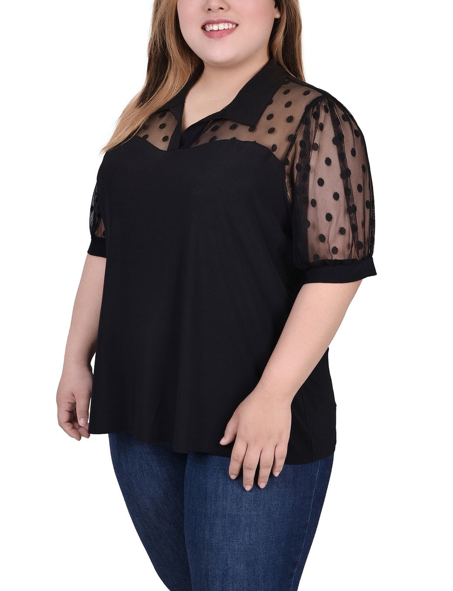  NY Collection Plus Size Short Sleeve Top With Dotted Mesh - Black - Bonton