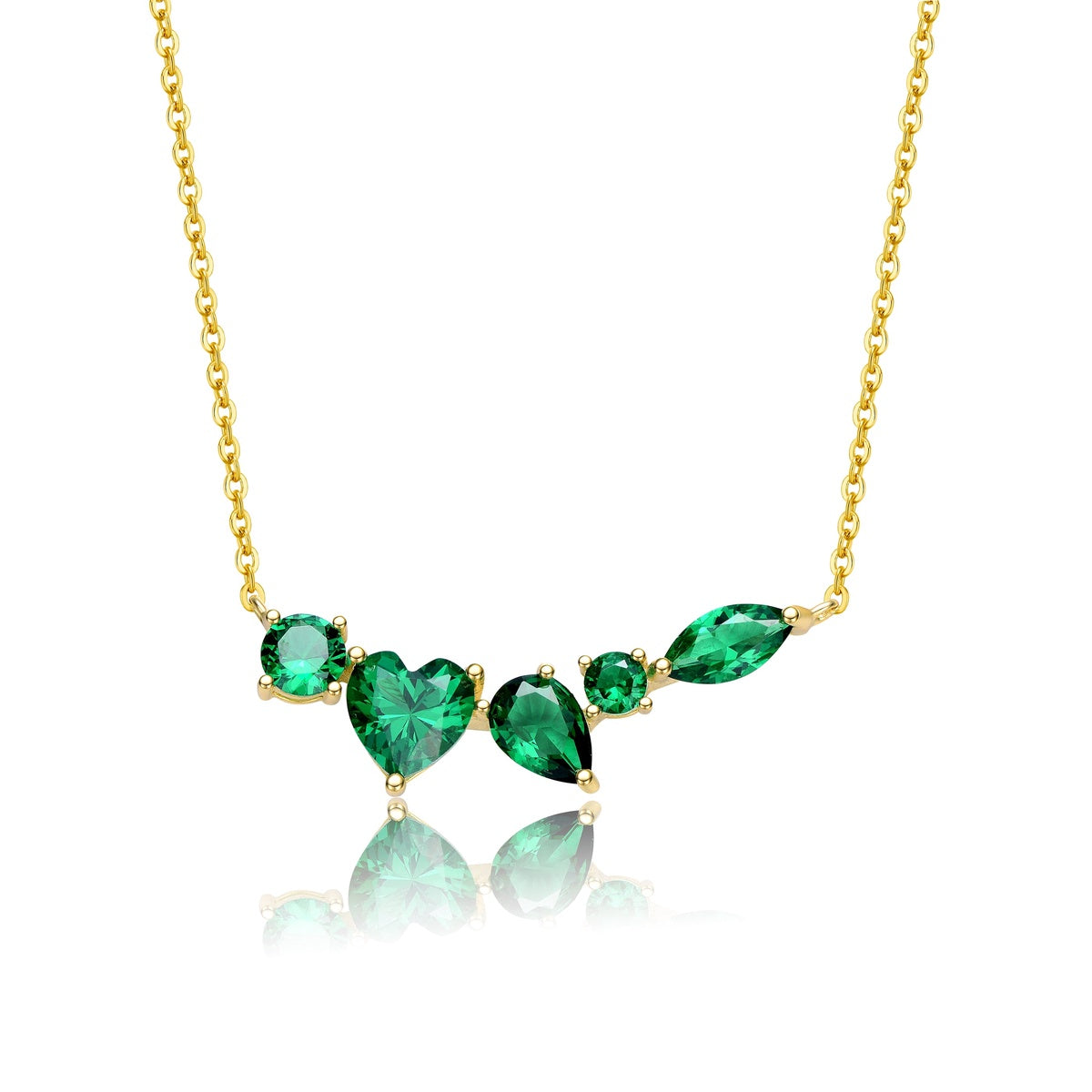  Genevive GV Sterling Silver 14k Yellow Gold Plated Mixed Cut Emerald Cubic Zirconia Cluster Necklace - Emerald - Bonton