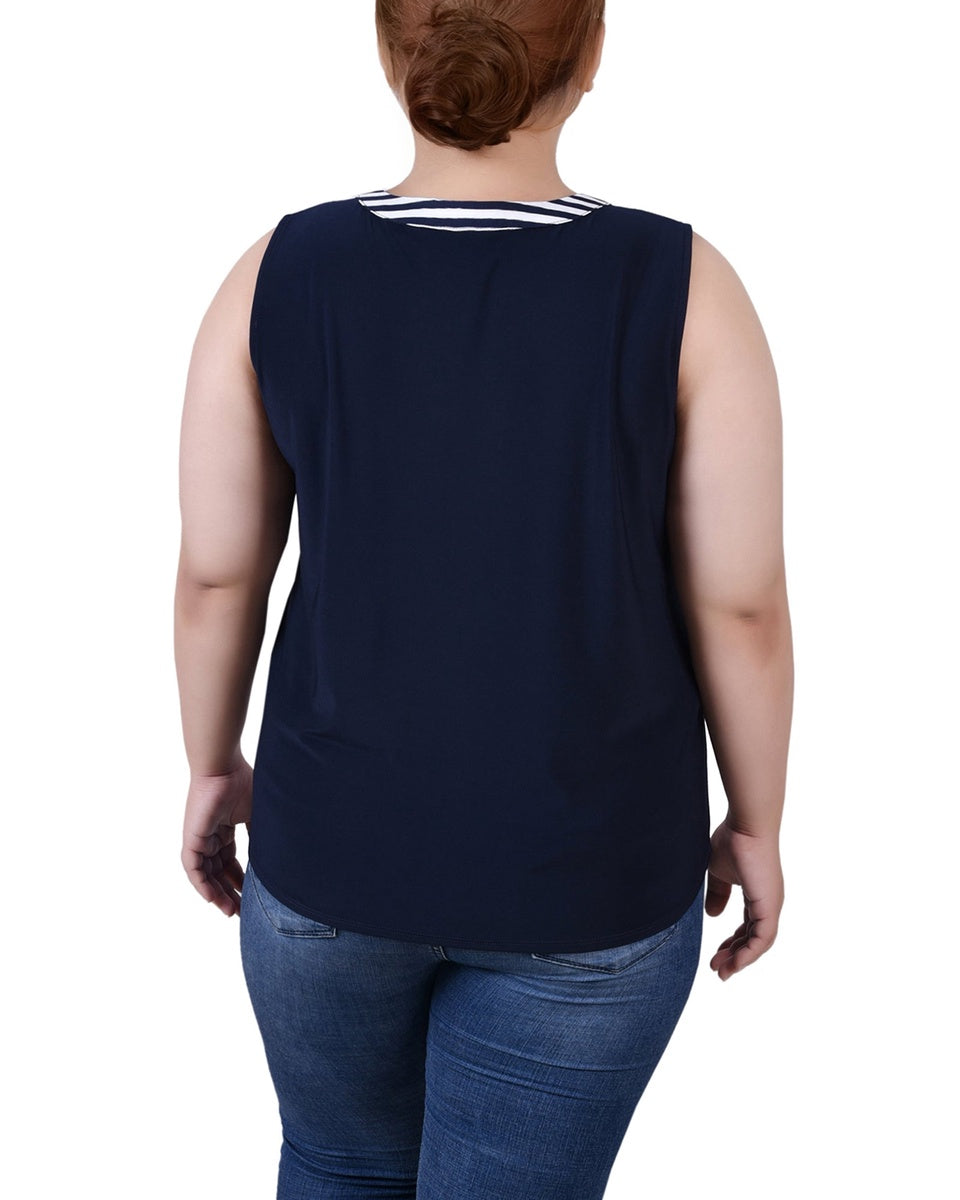  NY Collection Plus Size Sleeveless Y Neck Combo Blouse - Navy White - Bonton