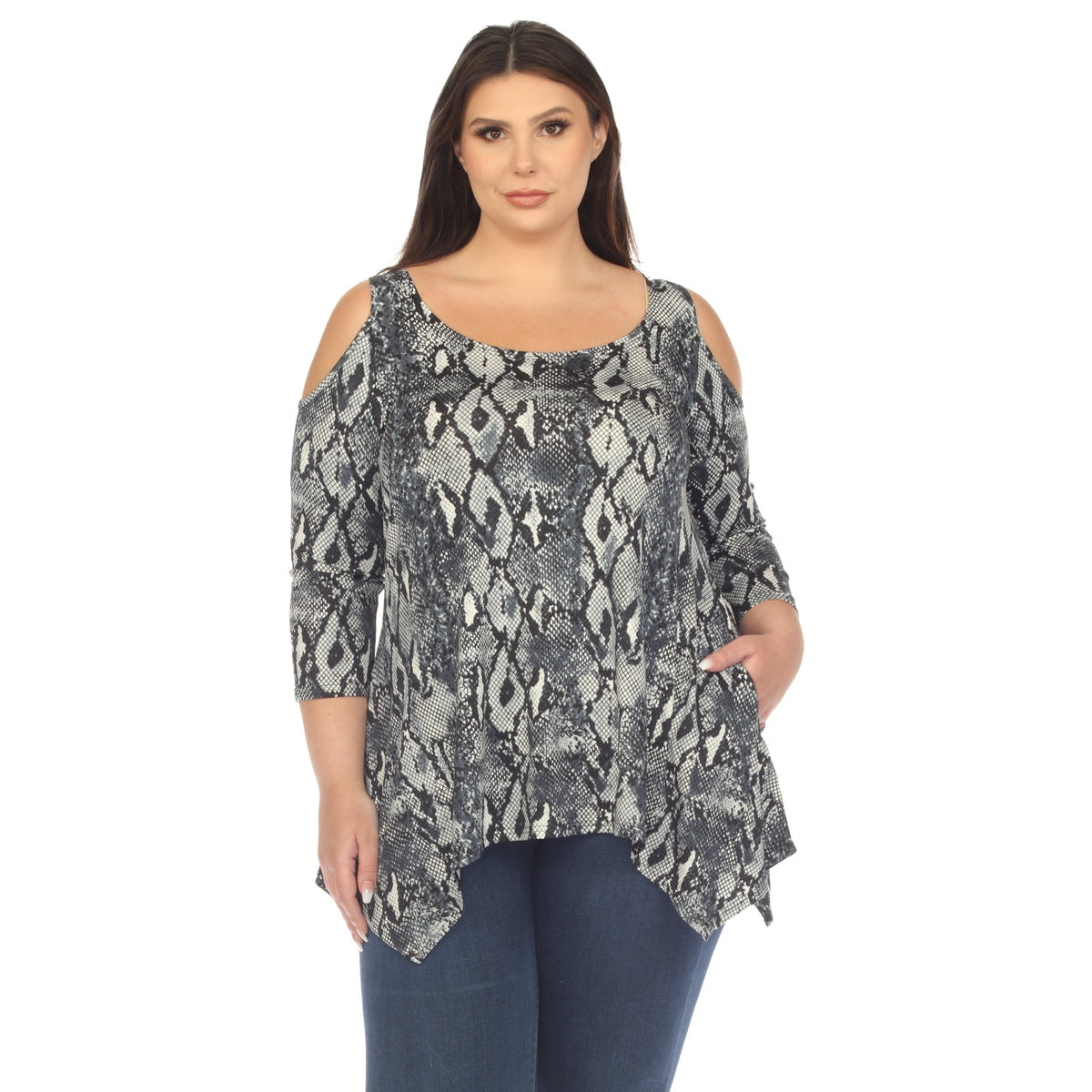  White Mark Plus Size Snake Print Cold Shoulder Tunic - 1X - Bonton