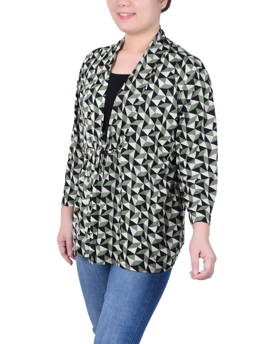  NY Collection Petite Puff Print 3/4 Sleeve Two-Fer Top - Jester Red Ivory Geo - Bonton